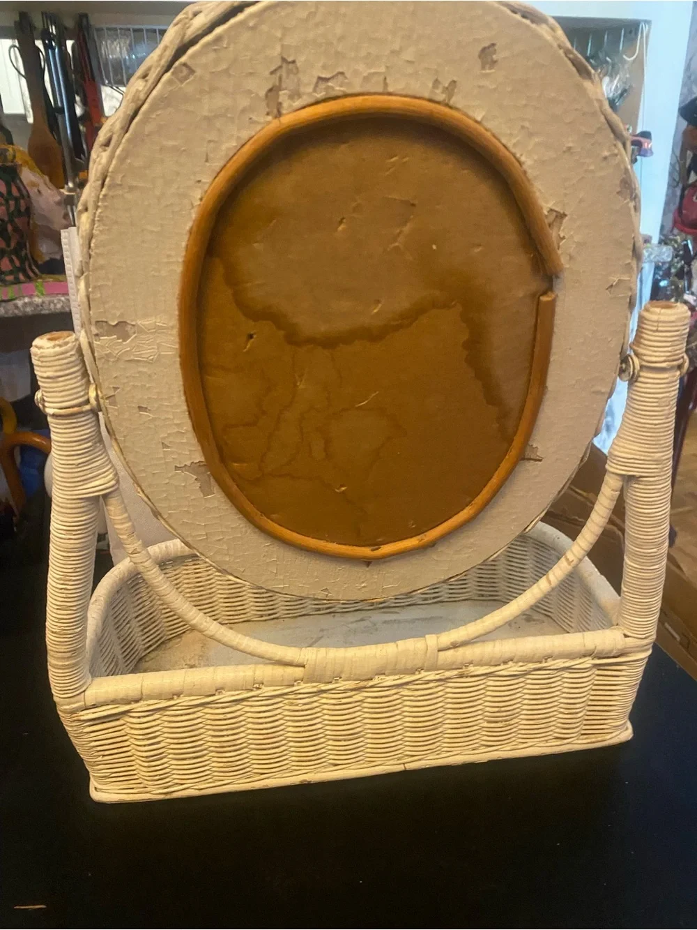 Vintage 1980s wicker vanity makeup mirror topper.